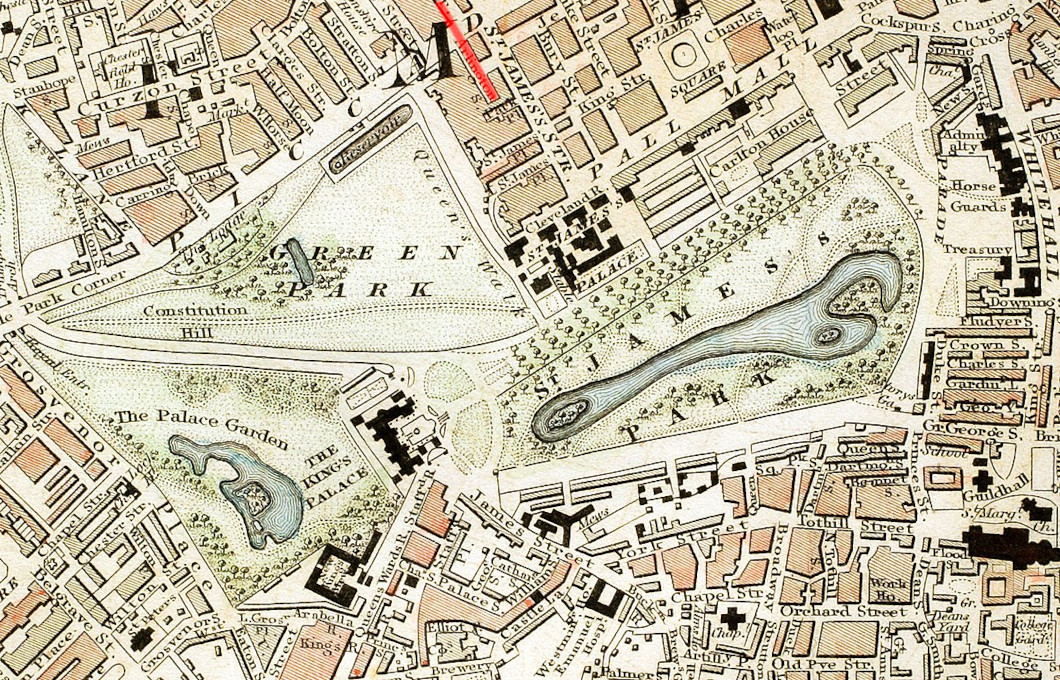 Green Park and St. James's Park c.1833, with Arlington Street highlighted in red.