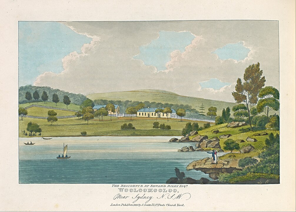 Joseph Lycett, The residence of Edward Riley Esquire, Wooloomooloo, Near Sydney N. S. W., 1825, hand-coloured aquatint and etching printed in dark blue ink.