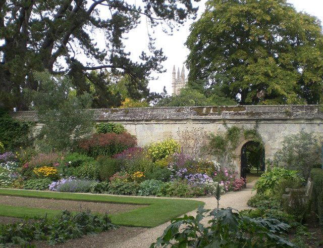 Oxford Botanic Gardens with Magdalen College tower in the background.