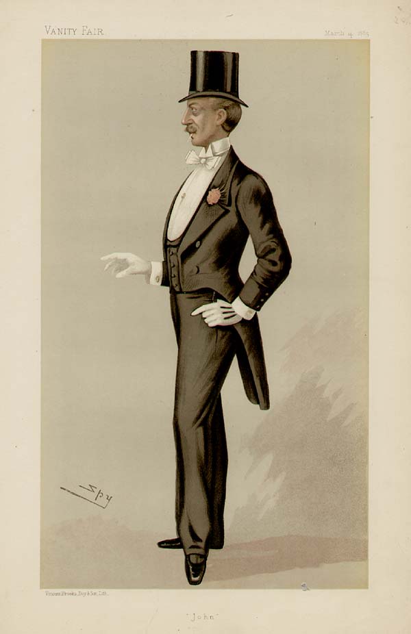 Caricature of Mr John Delacour (19th century) wearing a tail coat.