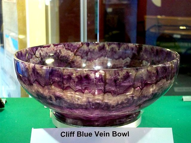 Bowl made from Derbyshire Blue John, on display in Castleton Visitor Centre.
