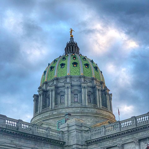 Dome upon tholobate (another word for drum) of the Pennsylvania State Capitol, Harrisburg.