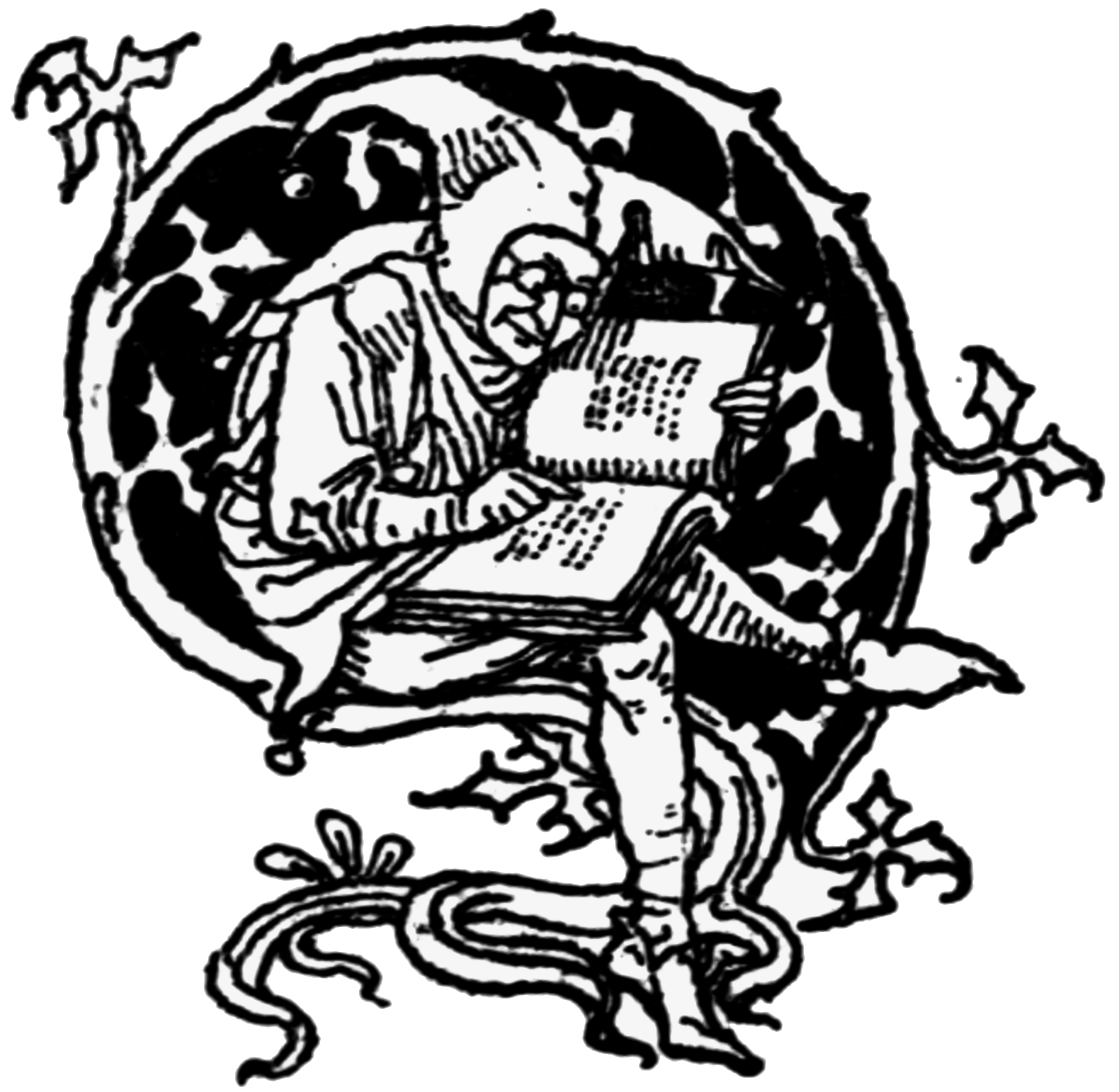 A jester reads a book in the curl of a tree branch.
