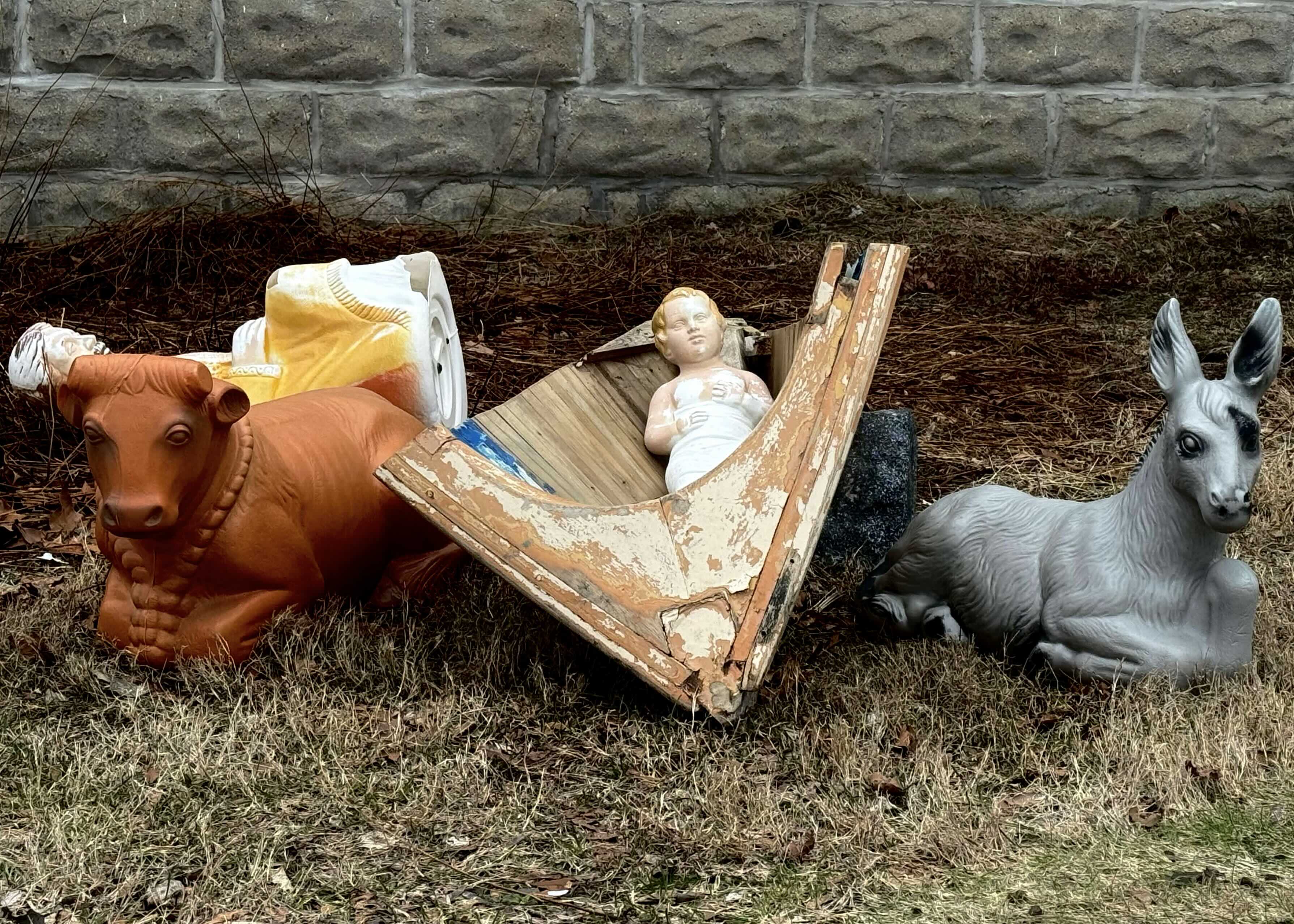A broken Nativity scene.'